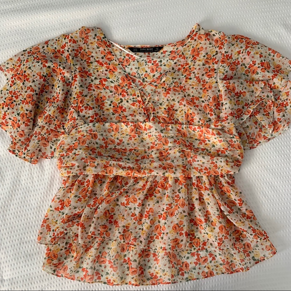 zara floral blouse with ruffles